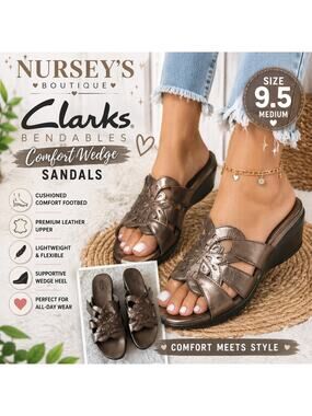 Clarks Bendables Bronze Leather Floral Cutout Wedge Slide Sandals 9.5M